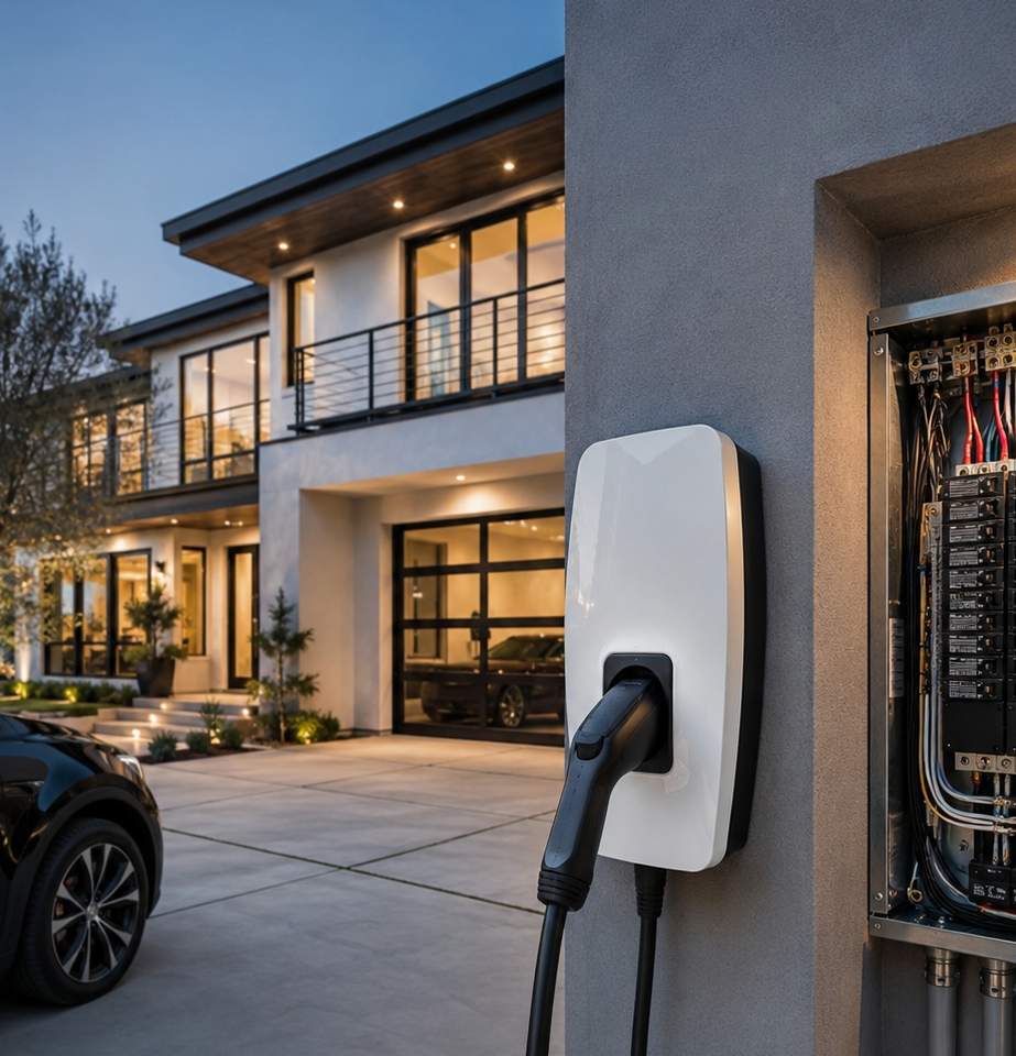 EV charger installation with residential electrical panel at a modern home