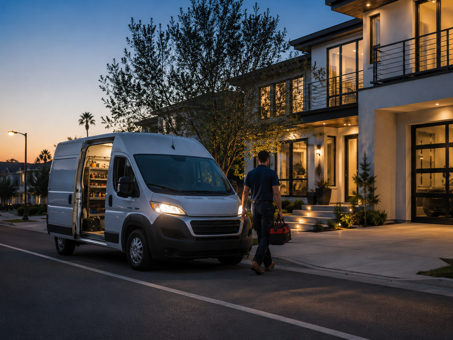 Same-day electrical service van at a residential home