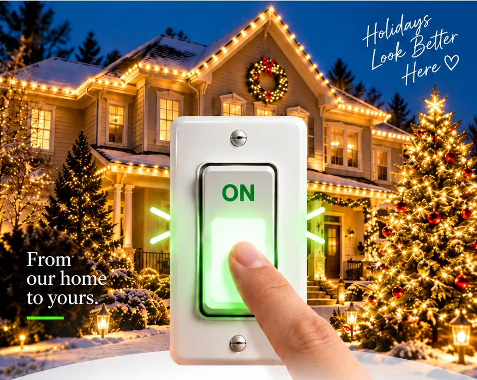 Holiday lighting scene with lights on